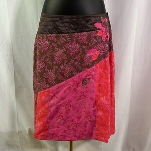 Vintage 90s Oilily Pink Brown & Red Floral Patchwork A-Line Midi Skirt
